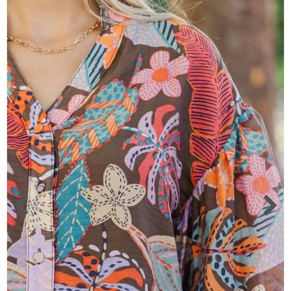 Fate What You're Worth Brown Floral Blouse Womens Medium - Picture 3 of 12